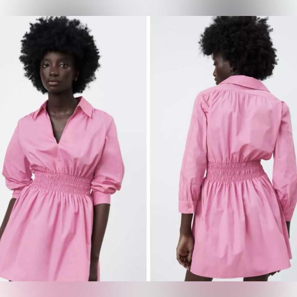 Zara Pink Smocked-Waist Shirt Dress